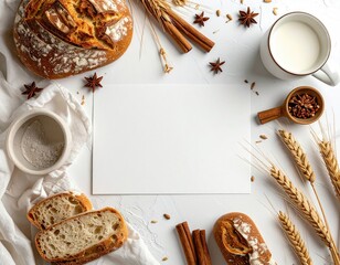 Bread, spices, milk, and paper on a white surface