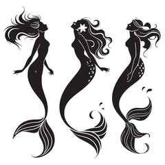 Black mermaids and sirens Silhouette Vector, High Quality Illustration on White Background