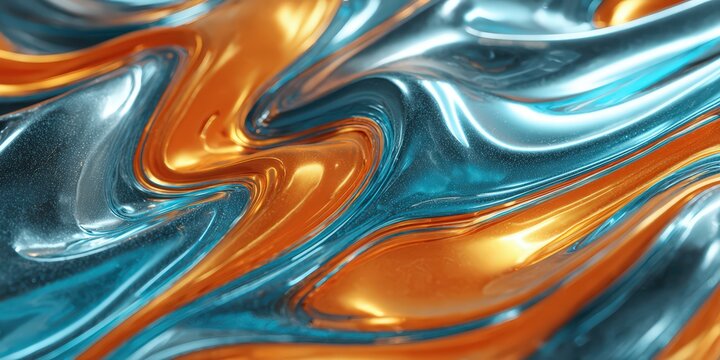 Swirling molten metal with iridescent blue and golden liquid textures