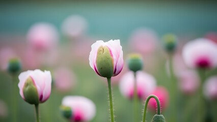 Delicate pink poppy buds in a field of flowers