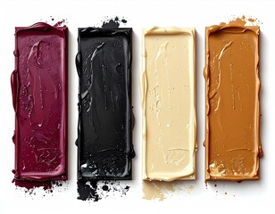 Swatches of vibrant colors, smooth textures, on white backdrop