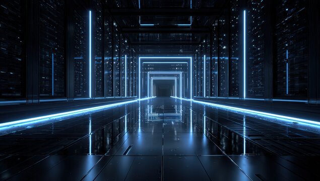 Futuristic digital data corridor with glowing blue light and reflective floor