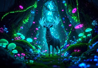 Majestic stag standing under vibrant neon light with glowing antlers in an enchanted bioluminescent forest.
