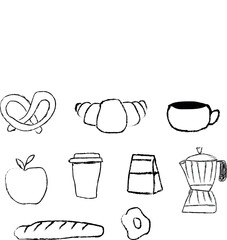 Hand drawn food and drink items in simple black lines