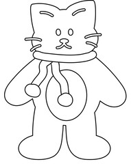 Cute outline of cat wearing winter scarf for Christmas, happy new year, animal decoration, kitten cartoon, cat drawing, pet shop, vet, character, comic, mascot, patch, brooch, festive icon, colouring