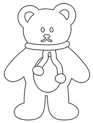 Cute outline of teddy bear wearing winter scarf for colouring, Christmas, happy new year, animal decoration, cartoon, zoo, souvenir shop, character, comic, mascot, patch, brooch, festive winter icon