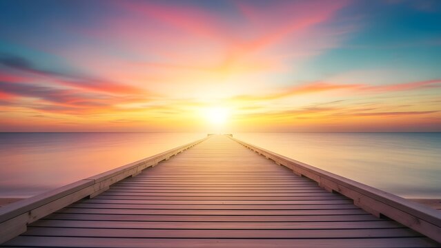 Wooden pier leading to a colorful sunset over the ocean
