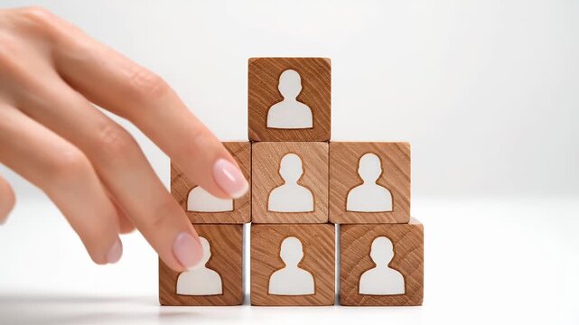 Hand Placing Wooden Block with Abstract Human Icon on White Background Symbolizing Team Building and Hierarchy with Selective Focus and Warm Lighting