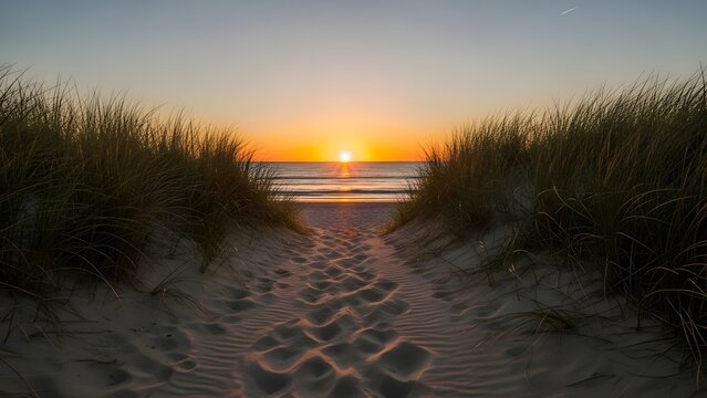 Path to beach at sunset through tall grasses