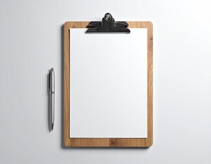 Wooden clipboard with paper and pen on a white surface