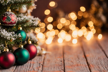 Cozy christmas tree with ornaments and warm bokeh lights