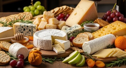 Assortment of cheeses fruits crackers and honey on a wooden board.