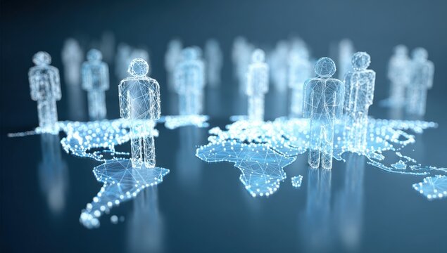 Glowing human figures overlaying a digital, connected world map