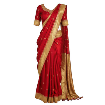 Red silk saree with golden border isolated on transparent background