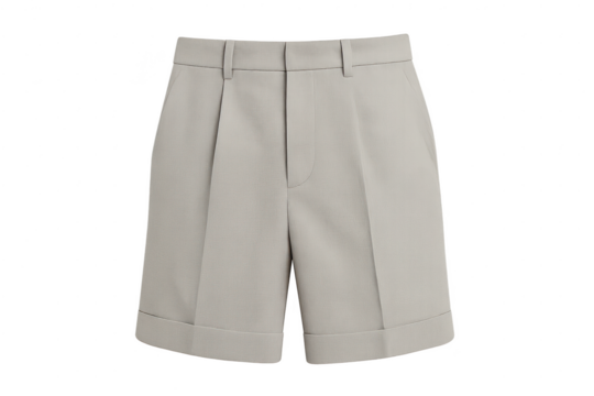 Elegant beige pleated cuffed shorts, isolated on transparent background, fashion.