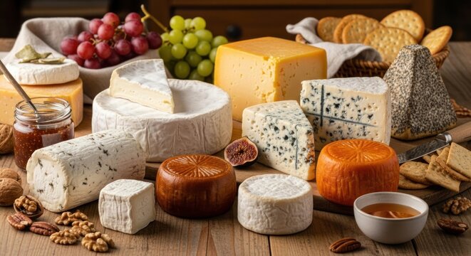 Assortment of cheeses nuts fruits crackers and honey on wood.