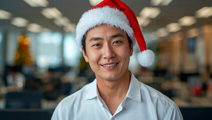 Portrait of Happy corean Businessman Wearing Santa Hat in Office
