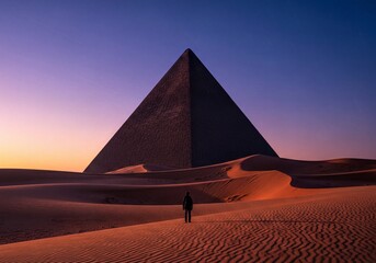 Solitary traveler standing on desert dune under dramatic twilight sky, ancient pyramid dominating horizon.