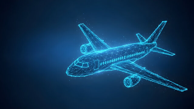 Futuristic blue neon wireframe airplane flying through dark digital space