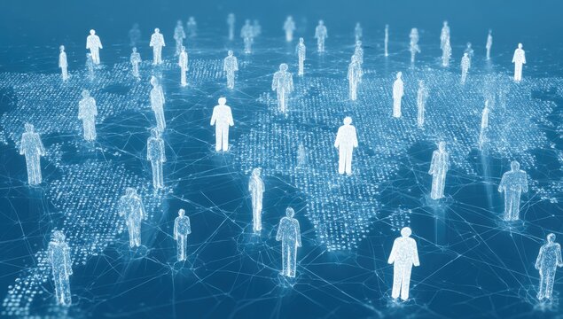 Abstract digital map of world with interconnected people figures