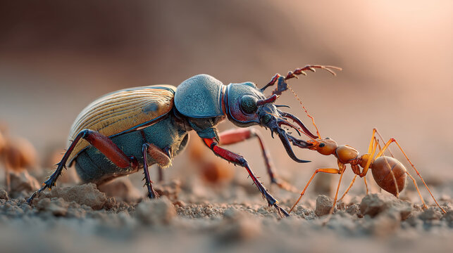 Close up of a beetle with large mandibles facing an ant on a dirt surface in soft lighting