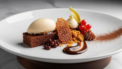 Gourmet chocolate dessert with ice cream berries and garnish on white plate.