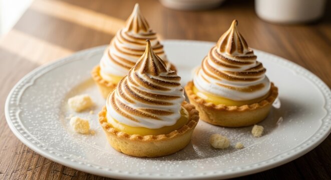 Three lemon meringue tarts dusted with sugar on a white plate.
