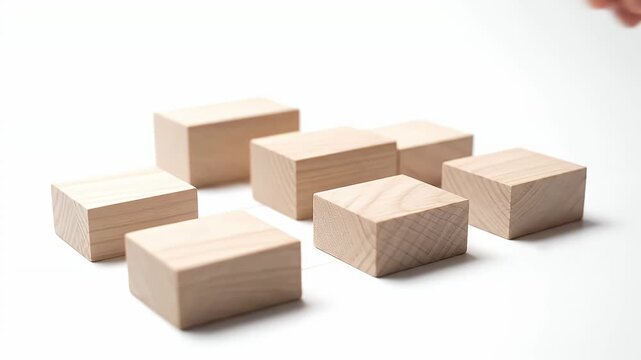 Hand Placing Wooden Cube Amongst Others on White Background Business Strategy Construction And Assembly Success Concept, Focused Light