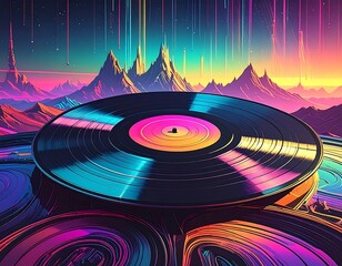A vibrant, colorful digital artwork featuring a vinyl record atop a futuristic landscape under a rainbow sky