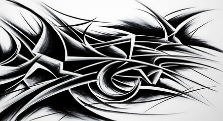 Curved black-and-white abstract line artwork