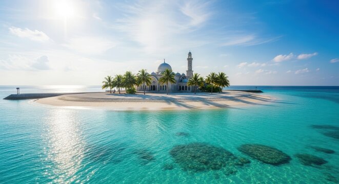 Mosque on a tropical island surrounded by turquoise water a serene travel destination for tourism and relaxation