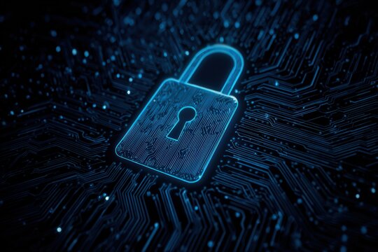 Glowing padlock on illuminated circuit board symbolizing digital security and data protection