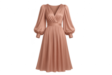 Elegant nude long dress with puffy sleeves isolated on transparent background.