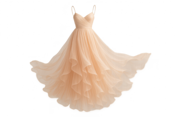 Elegant flowing peach chiffon evening gown, studio shot, isolated on transparent background.