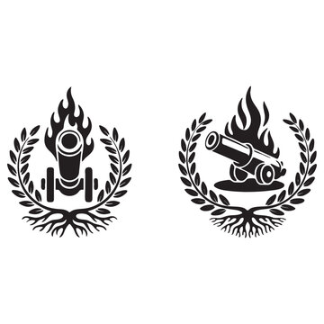 Cannons in laurel wreaths with flames and roots artillery
