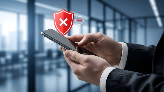 Hands use phone with error shield in modern office, presenting cybersecurity risks and need for secure tech solutions for data protection and privacy in digital age