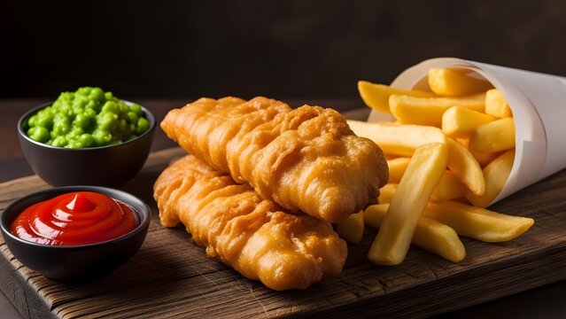 Classic fish and chips with mushy peas and ketchup