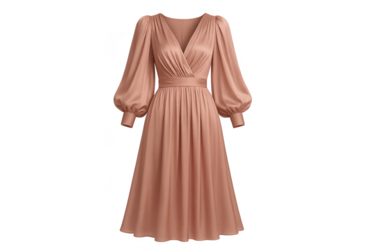 Elegant nude long dress with puffy sleeves isolated on transparent background.