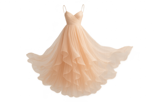 Elegant flowing peach chiffon evening gown, studio shot, isolated on transparent background.