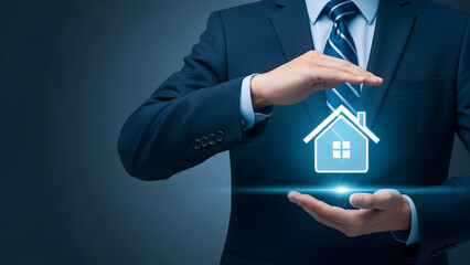 Professional offers security with a digital house icon representing real estate investment and family home protection, showcasing trust and assurance in a modern way