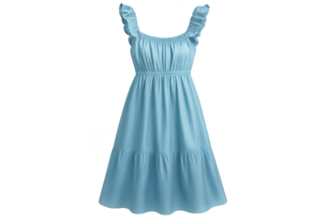 Casual light blue midi dress with ruffled shoulders, isolated subject on clear background.