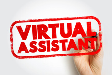 VIRTUAL ASSISTANT displayed as a stamp with hand holding marker emphasizing support service. Represents remote help, digital tasks, administrative aid, and workflow efficiency in modern operations