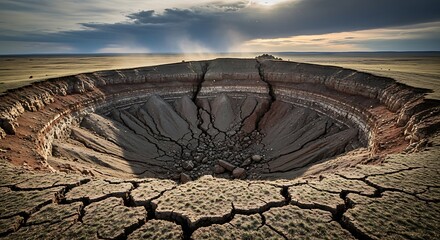 Cracked barren landscape with central sinkhole