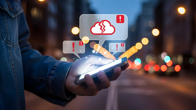 Experience the frustration of cloud data failure as alerts pop up on a mobile phone, capturing modern digital disruption and the urgent need for reliable data security