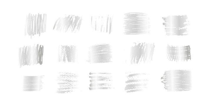Silver scraped scratchcard textures. Collection of shining metallic scratch card, lucky game ticket, lotto winner, money prize or sale coupon surfaces isolated on white background. Eps10