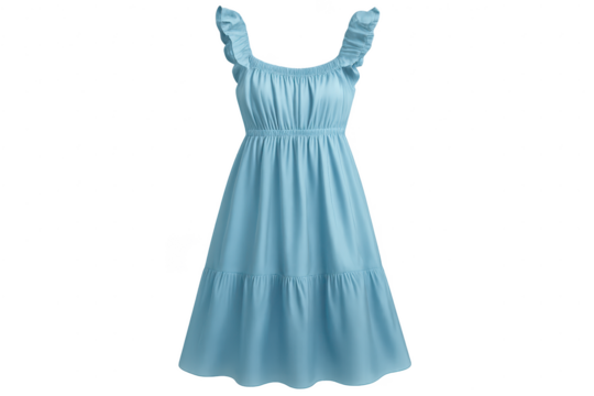 Casual light blue midi dress with ruffled shoulders, isolated subject on clear background.