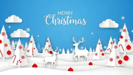 Whimsical paper cutout winter forest scene with reindeer and snowflakes for merry christmas