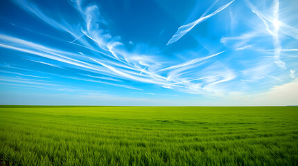vibrant green field under streaky cirrus clouds