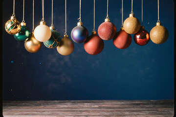 Hanging christmas ornaments displayed on dark blue background