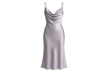 Elegant light gray satin slip dress with cowl neck isolated on transparent background